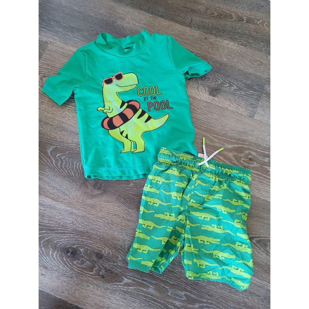 Cat & Jack Boys Green Dinosaur Alligator Rash Guard Swim Trunks Set 3T #3